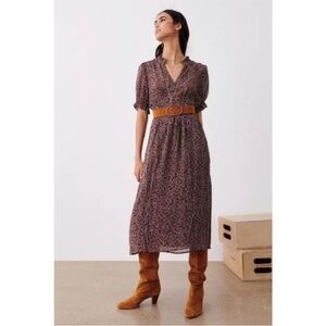 NWT ba&sh Pally Floral V-Neck Midi Dress with Puff Sleeves in Marron Size Small